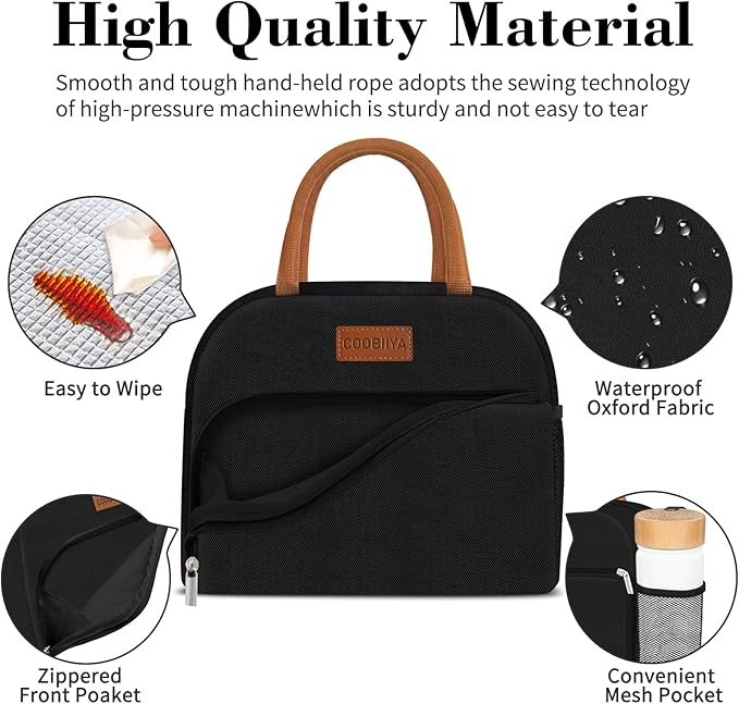 Coobiiya Lunch Box Lunch Bag for Women Men,Reusable Cute Lunch Pail bag,Leakproof,Insulated LunchBox Tote Compact 10L, Cooler Lunch Container for Work Travel Office (Black)