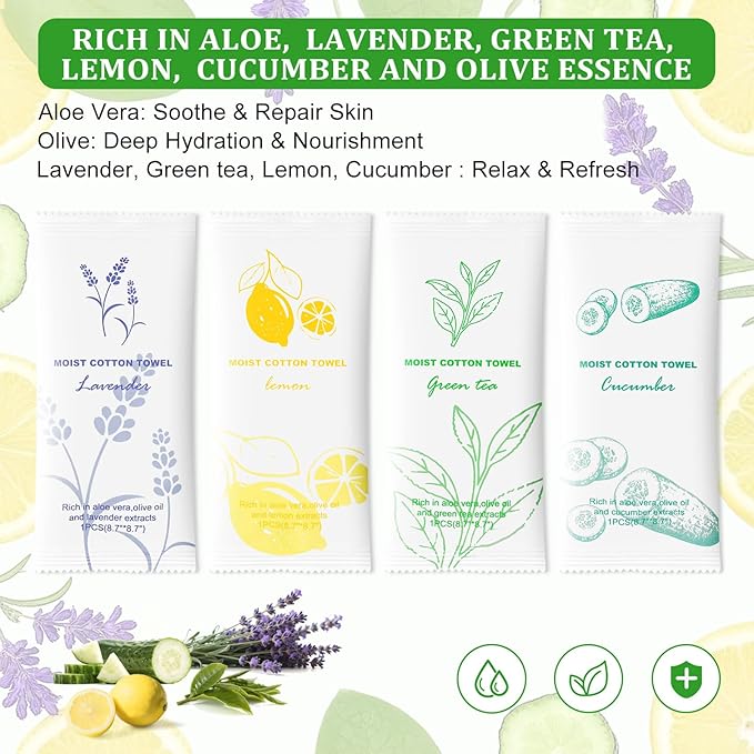 Moist Cotton Towel Bulk Moist Towelettes Individually Wrapped,White Towel Services,Refreshment Pre Moistened Towels for Dentist Travel Sport Party Hotel 240，Lavender,Green tea, Lemon and Cucumber