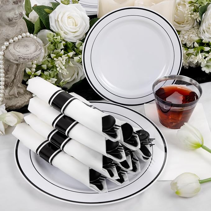 WELLIFE 350Pcs Black Plastic Dinnerware with Pre Rolled Napkins, Include:50 Dinner Plates, 50 Dessert Plates, 50 Paper Napkins, 50 Cups, 150 Plastic Cutlery
