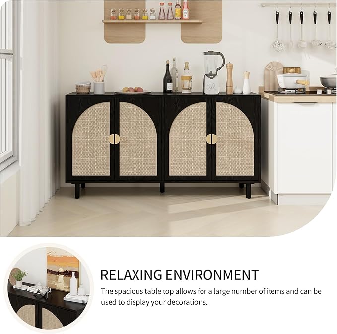 Black Sideboard Cabinet with 4 Rattan Doors, Rattan Buffet Cabinet with Adjustable Shelves & Pine Legs, Boho Sideboard Buffet for Living Room, Kitchen, Entryway, Black