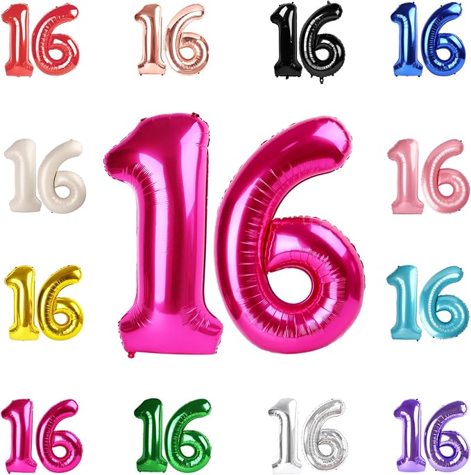16 Balloon Number, Hot Pink Number 16th Birthday Balloons 40 Inch, Sweet 16 Years Old Hot Pink Birthday Decorations for Boys Girls, 16th Anniversary Decorations