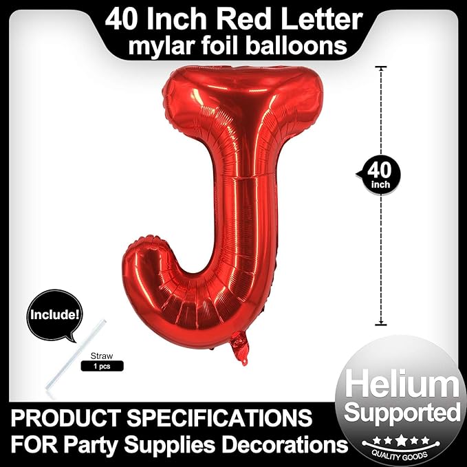 40 Inch Red Letter J Balloons, DIY Phrase Foil Alphabet Letter J Balloons DIY Word J Banner for Birthday Anniversary Celebration Graduation Party Supplies Decoration