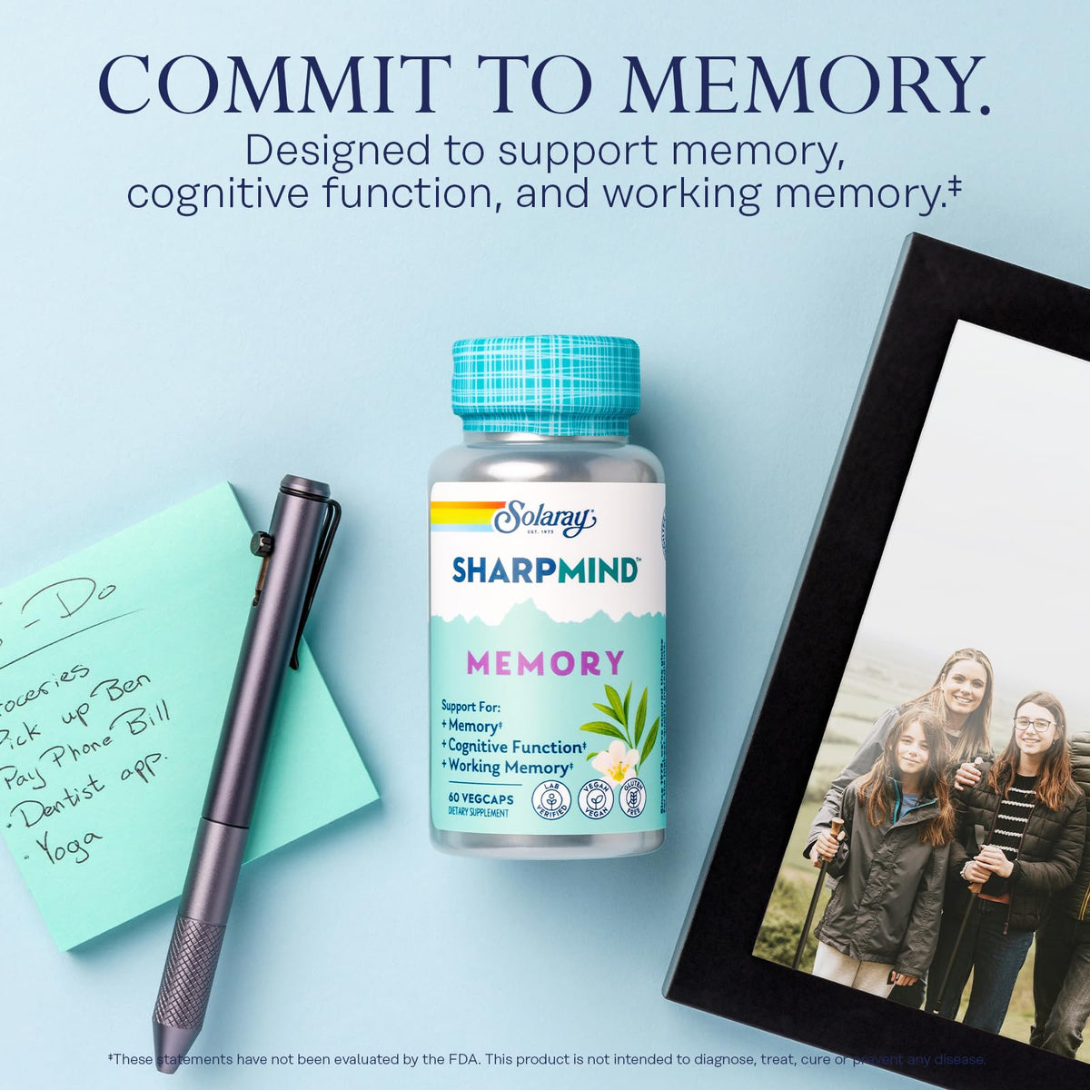SOLARAY SharpMind Memory Formula - Brain Supplements for Memory and Focus - Cognivia, Gotu Kola & Chaga Mushroom Supplement - Ginkgo Biloba Alternative - 60-Day Guarantee - 30 Servings, 60 VegCaps