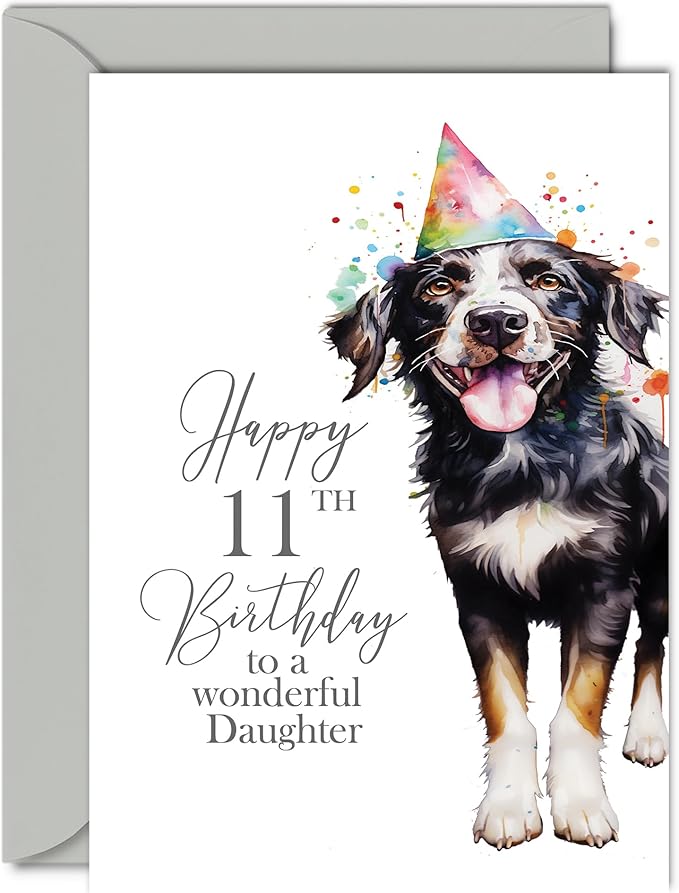 11th Birthday Cards for Daughter - Party Dog - Happy Birthday Card for 11 Year Old Daughter from Mum Dad, 5x7 Inch Bday Girl Girls Kids Greeting Cards Gift for Daughter Birthday Gifts
