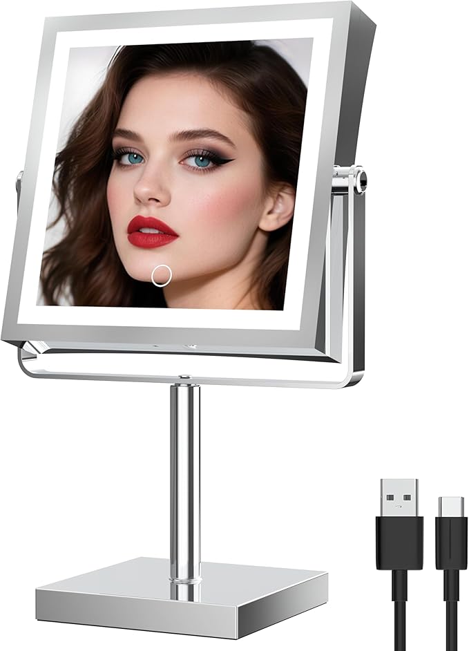 Ruacq Rechargeable Makeup Mirror, 4000mAh Lighted Makeup Mirror with Magnification 1X/10X, Height Adjustable Vanity Mirror with Lights, 3 Color Lights, Adjustable Brightness, 360°Rotation (Chrome)