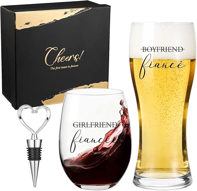 AW BRIDAL Engagement Gifts for Couples and Women, Fiance Wine Glasses and Beer Mug Set for Her, Newly Wed Gift for the Couple 2026, Mr and Mrs Wedding Beer Mug with Wine Stopper for Bride to Be