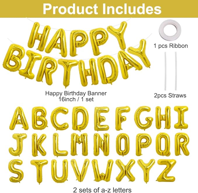TONIFUL 65 Pcs 16 Inch Gold Happy Birthday Balloons and 2 Sets A-Z Foil Letters Balloons DIY Personalized Phrase Banner for Birthday Celebration Halloween Thanksgiving Christmas Party Decorations