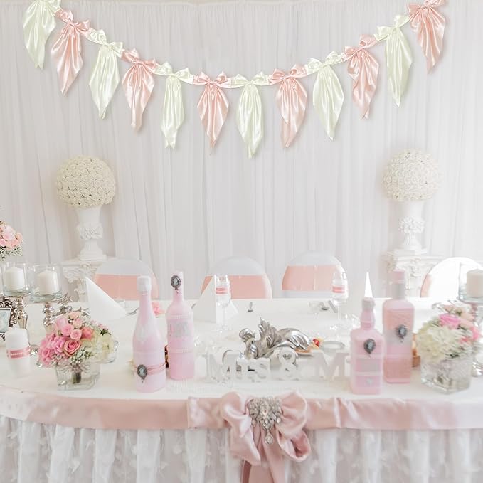 VitalCozy 1 PCS White Pink Bow Garland Banner, Satin Ribbon Hanging Party Bow Garland Decoration for Birthday Baby Shower Wedding Party Supplies