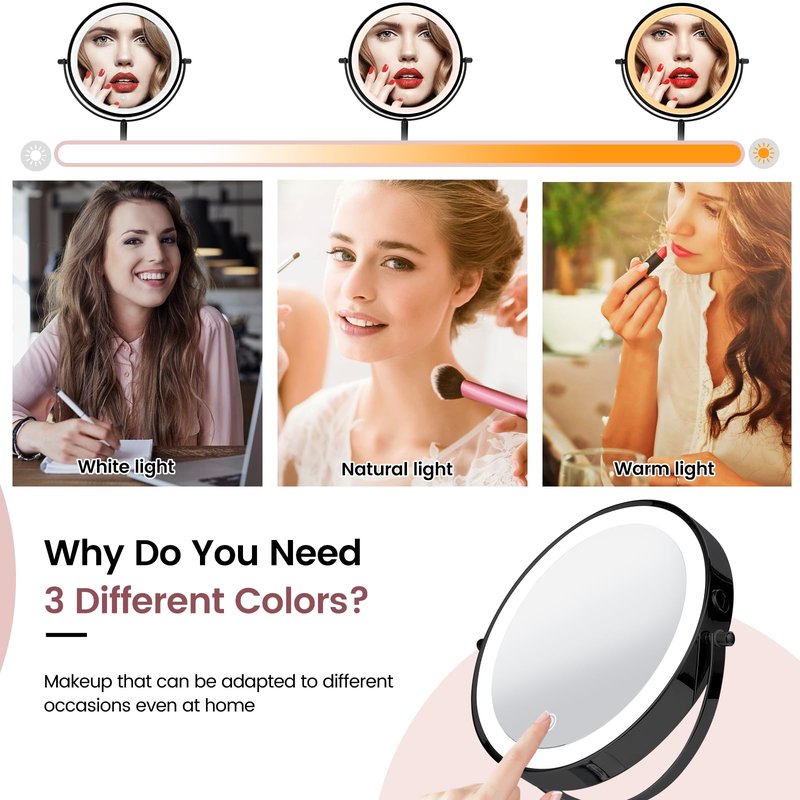 AumVum 8" Vanity Mirror with Lights Rechargeable, 1X/10X Magnifying Makeup Mirror with Touch Screen, 54 LED Adjustable Brightness, 3 Color Modes, 360° Rotation for Tabletop & Bedroom
