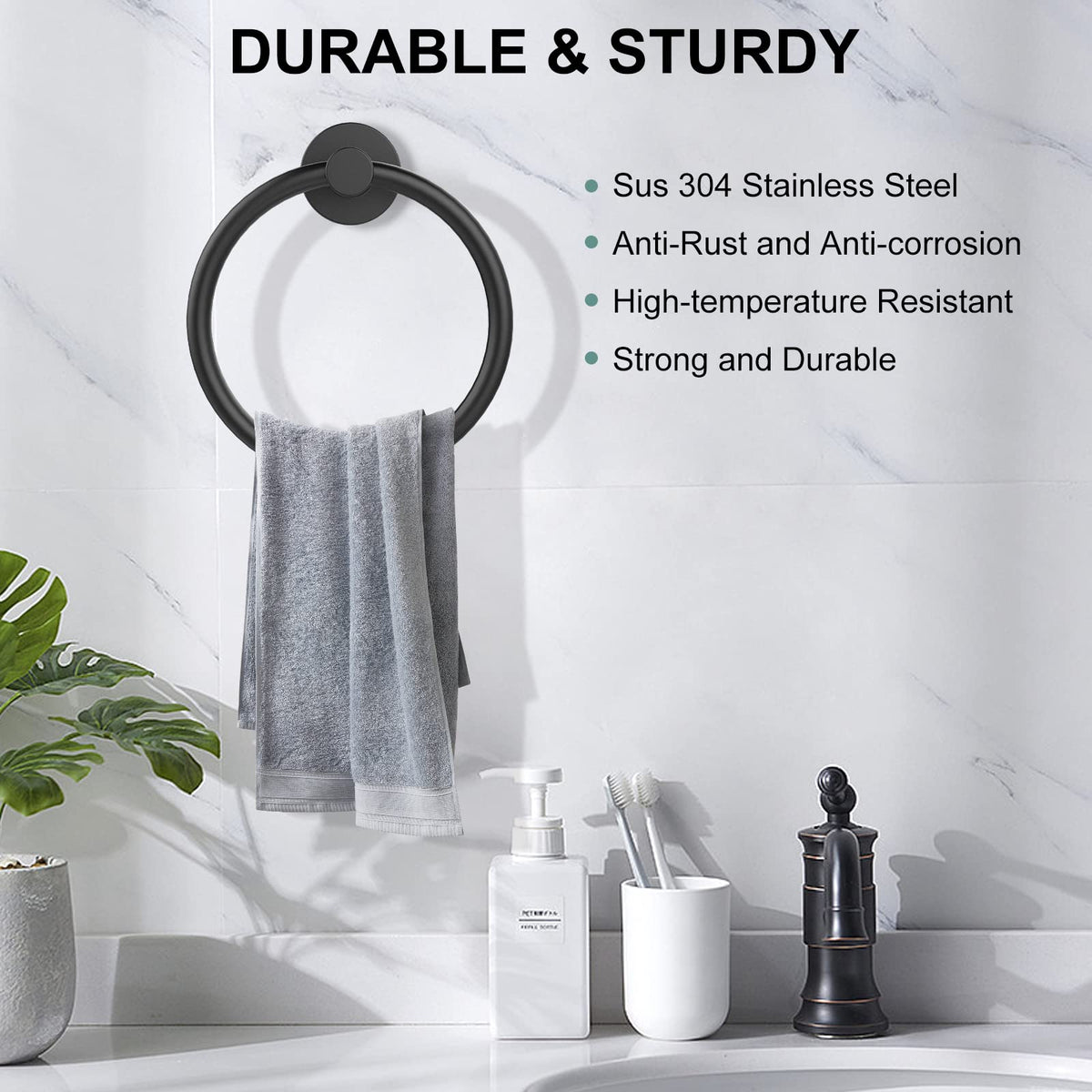 SetSail Towel Holder for Bathroom Wall Matte Black Towel Ring Stainless Steel Heavy Duty Hand Towel Hanger for Bath, Kitchen, 2 Pack