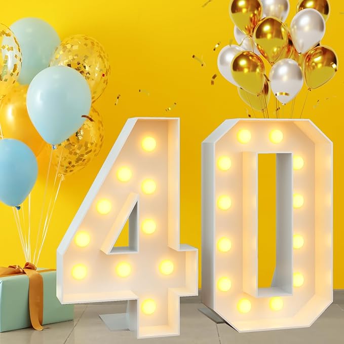4ft Light Up Numbers Marquee 40 Numbers with Lights White Slots-in Frame for Men Women 40th Birthday Party Decorations Pre-Cut Mosaic Cardboard Large Cut-Out Thick Foam Board Sign Anniversary
