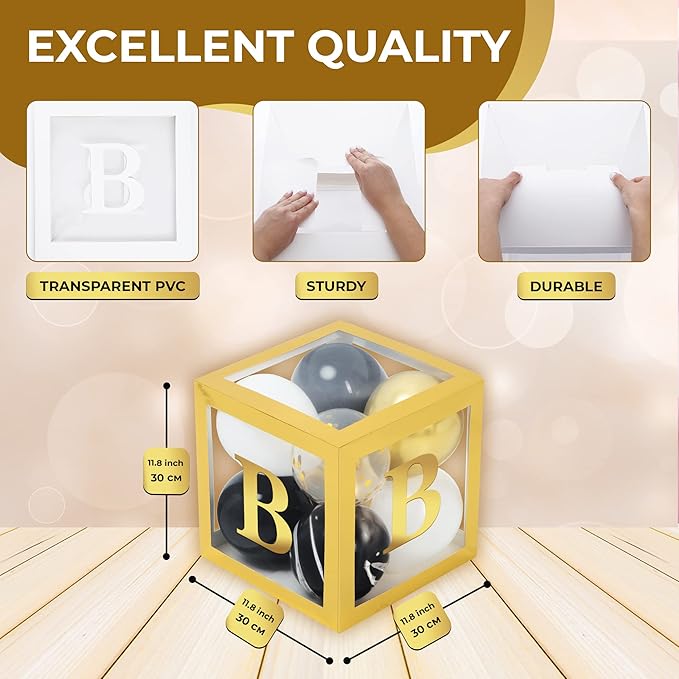 Baby Shower Boxes with Letters – Gold Boxes with Gold & Black Balloons – 44-Piece Gender Reveal & Party Decoration Set by Vellax