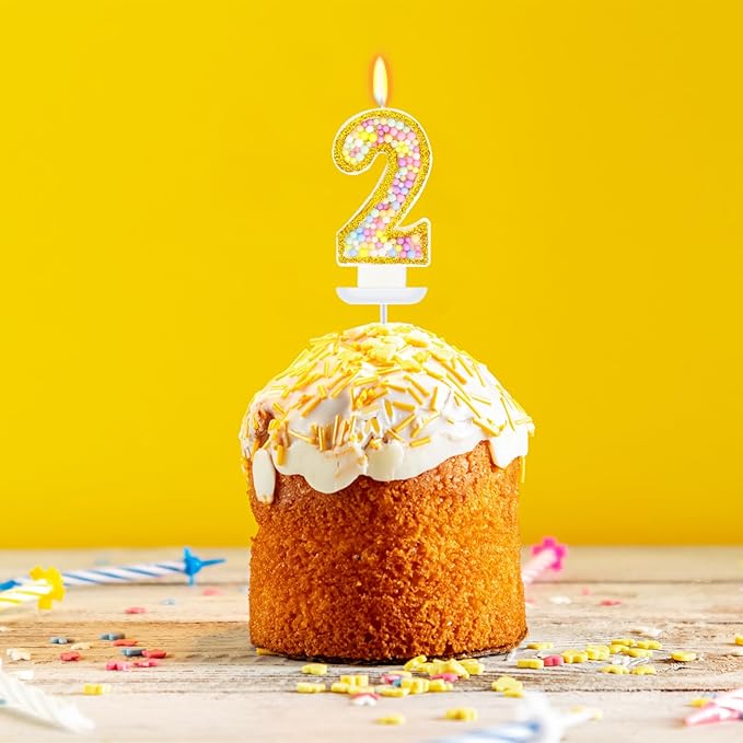 2nd Birthday Candle for Cake, Colorful Macaron Numeral Candles for Boys/Girls, Birthday Party Cake Decorations, Golden Cake Topper for Birthday Party Supplies (Number 2)