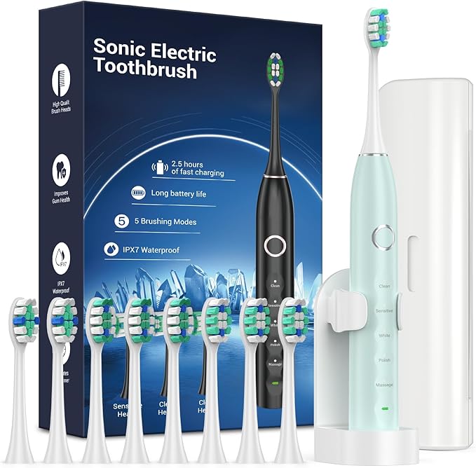 Rtauys S5 Sonic Electric Toothbrush for Adults with 8 Brush Heads, IPX7 Travel Electric Toothbrush with Travel Case, 2.5 Hours Charge for 120 Days, 5 Modes with 2 Minutes Built in Smart Timer Green