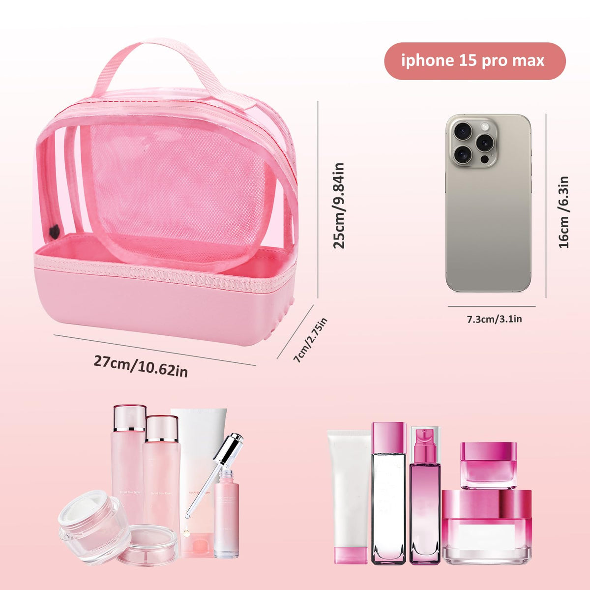 Chokoter Clear Small Makeup Bag, Makeup Pouch Toiletry Bags for Traveling Women, Cosmetic Bag with Waterproof Anti-slip EVA Bottom (Pink)