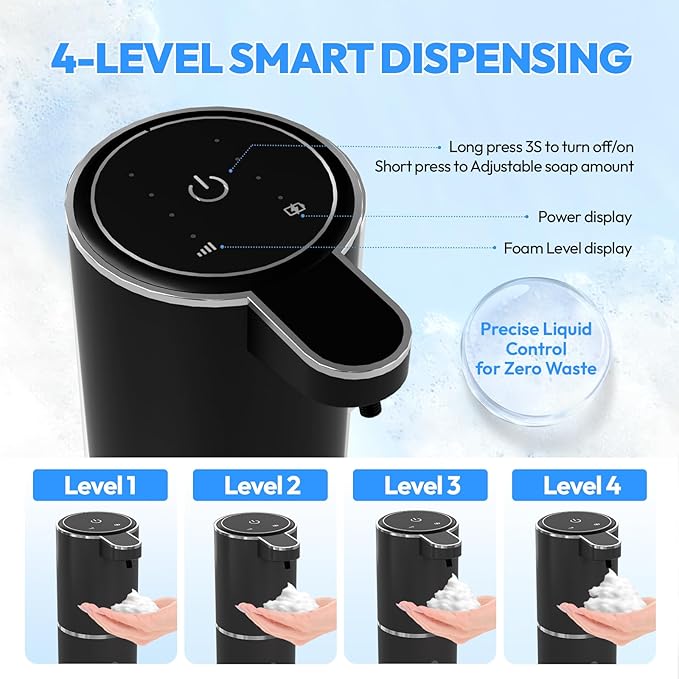 Automatic Foaming Soap Dispenser,Touchless Foam Soap Dispenser,12.8oz Rechargeabled Wall Mounted Smart for Bathroom and Kitchen Dish Soap,Easy for Toddlers(Black)