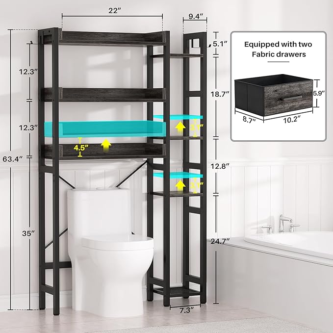 Over The Toilet Storage with 2 Drawers - 7 Tier Bathroom Organizer with Adjustable Shelf, Freestanding Space Saver Storage Rack Above Toilet Stand with 4 Hooks for Restroom, Laundry, Grey Oak
