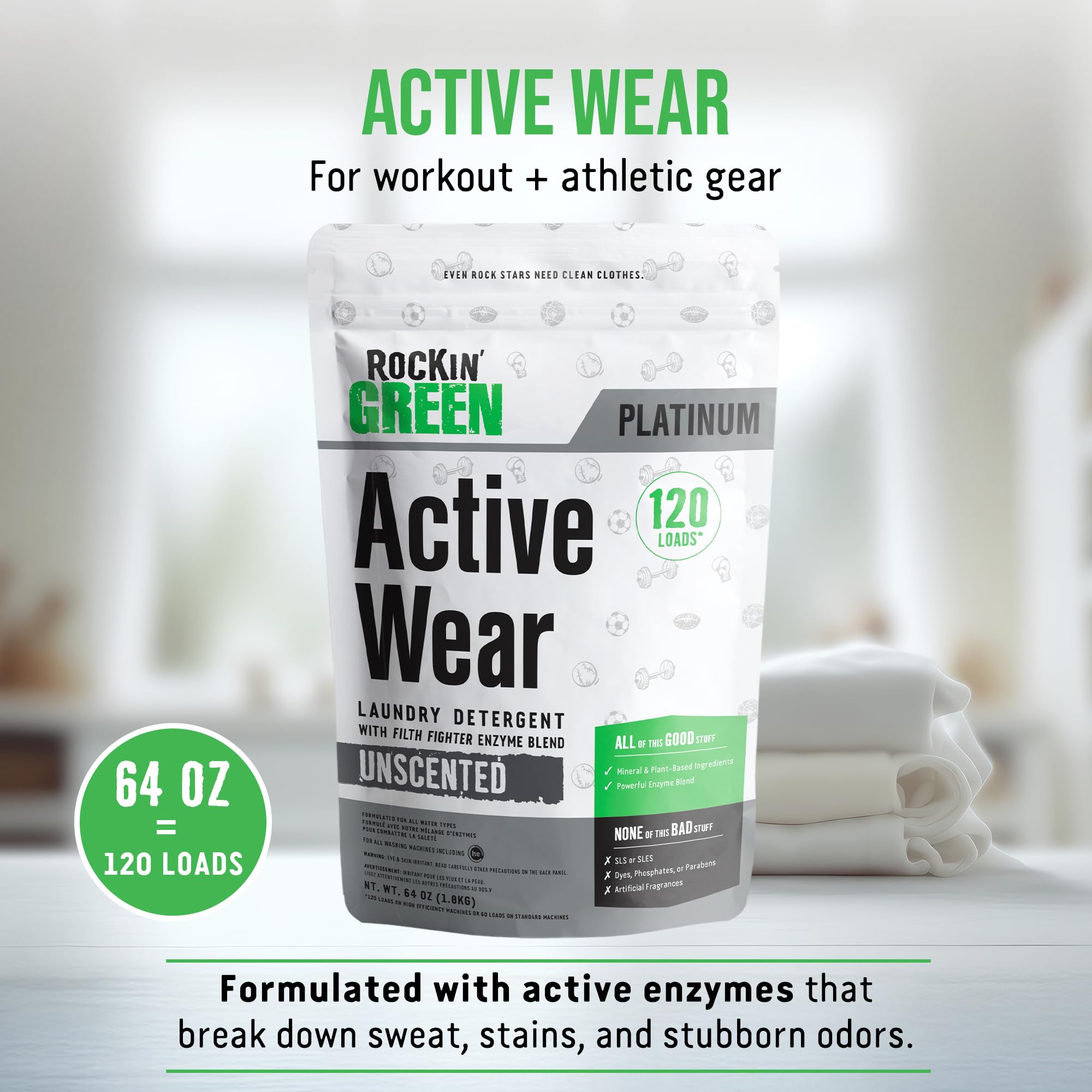 Rockin' Green Laundry Detergent, Plant based, All Natural Laundry Detergent Powder, Vegan and Biodegradable Odor Fighter, Safe for Sensitive Skin (Active Wear 120 Loads - Unscented)
