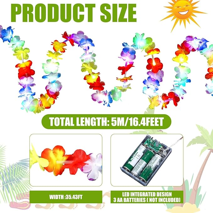 35.43ft Light up Hawaiian Flower Lei Garland Tropical Hawaiian Garland LED Lighted Luau Party Flower Banner for Luau Summer Beach Party Decorations