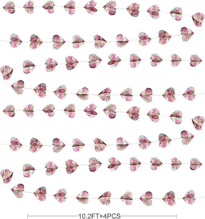 Heart Party Decorations Vintage Pink Rose 3D Love Heart Newspaper Hanging Retro Floral Recycled Book Garland Streamer Banner for Valentines Day Anniversary Birthday Wedding Holiday Party Supplies