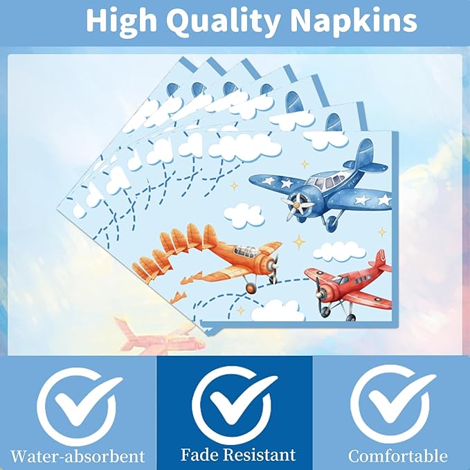 Rakuto Airplane Birthday Tableware Party Decorations, 96PCS Airplane Party Plates Napkins and Forks Supplies, Disposable Cartoon Airplane Baby Shower Decor Serves 24