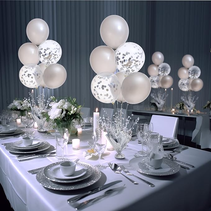 6 Set Silver Table Balloons Centerpiece Stand Kit with Silver and Confetti Balloons for Graduation Birthday Party Baby Shower Wedding Bridal Shower Prom Table Decorations