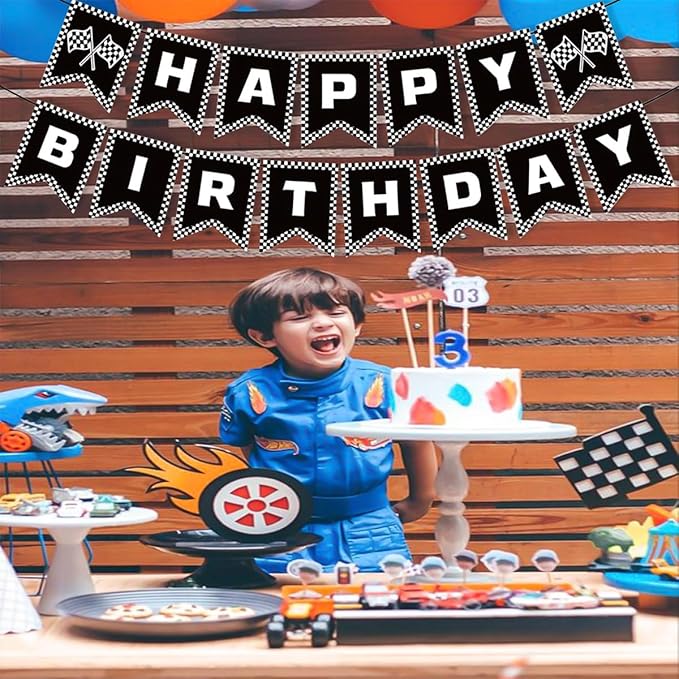 Race Car Happy Birthday Banner Race Car Birthday Party Decorations Black and White Checkered Flag Banner Racing Themed Checkered Flag Party Supplies for Boys