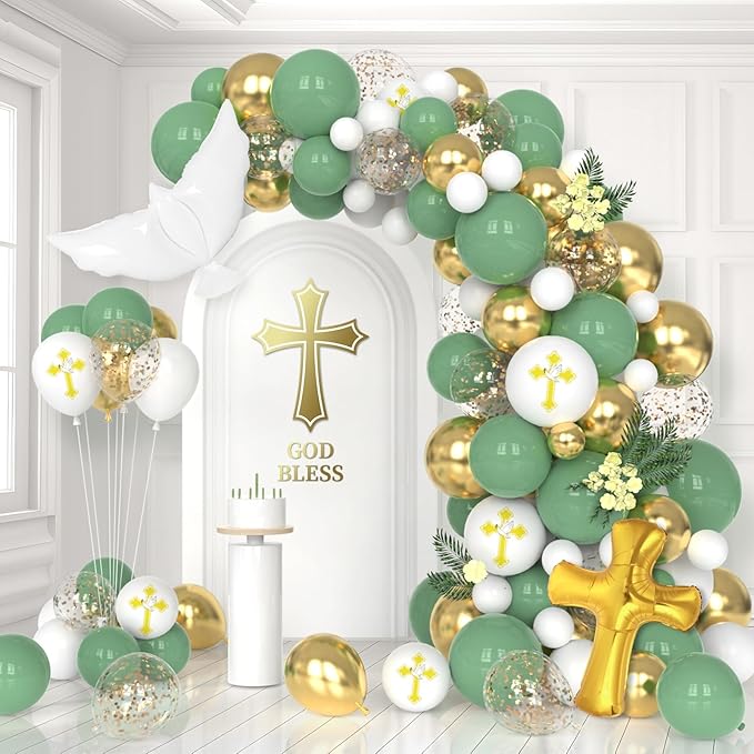 132Pcs First Holy Communion Green Balloon Garland Arch Kit God Bless Baptism Decoration Christian Religious Decor Cross Dove Balloon Girl Mi Bautizo Christening Birthday Baby Shower Party Supplie