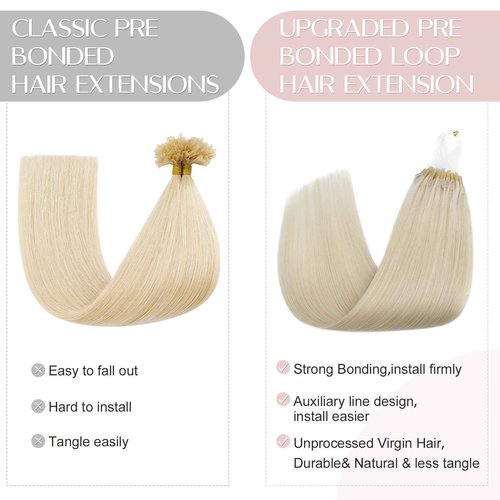 SEGO U Tip Hair Extensions Human Hair, Keratin Bonded & Loop Hair Extensions, K Tip Hot Fusion for Silky Straight Highlights, 1g per Strand, 50 Strands/50g, 22" Platinum blonde