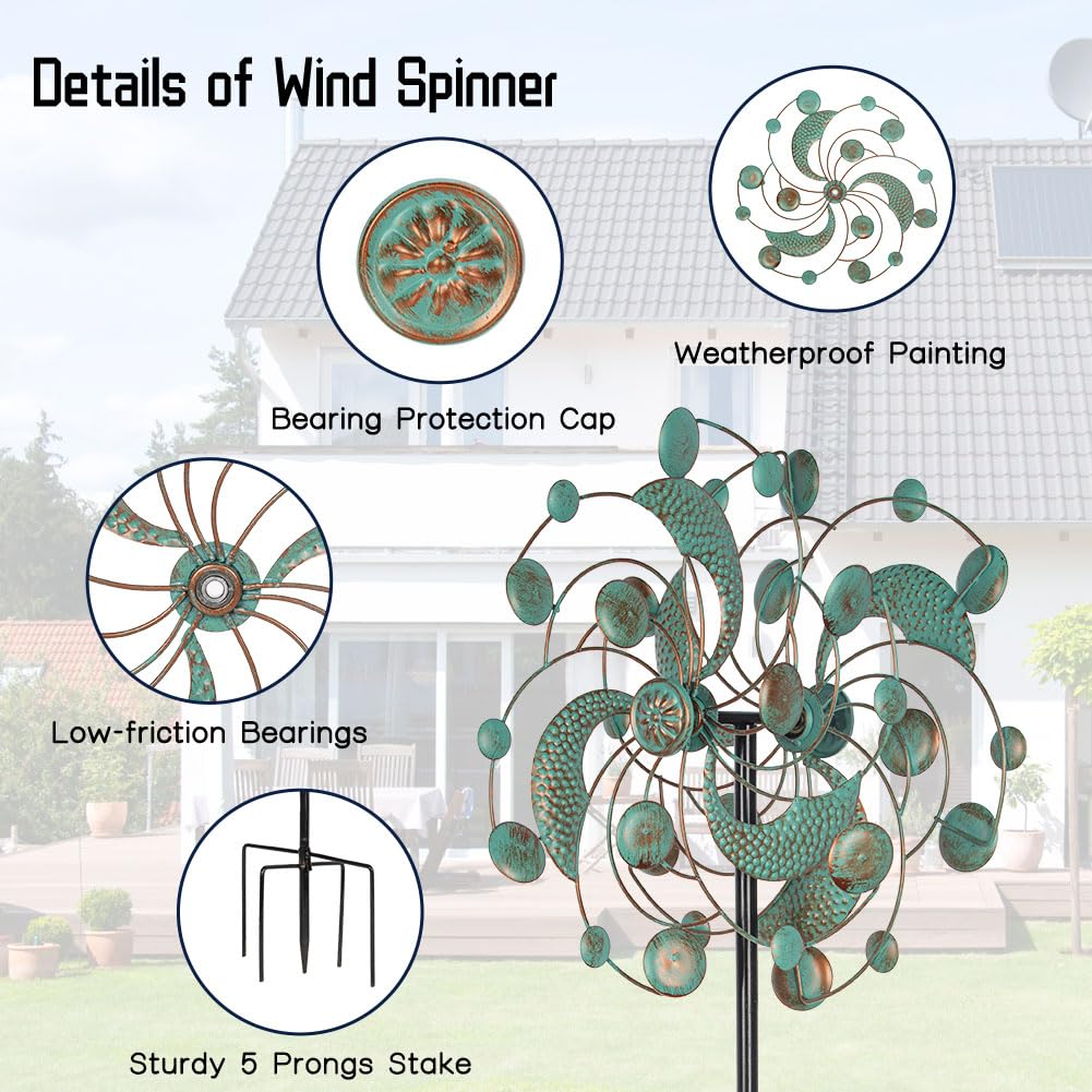DREAMYSOUL Wind Spinner, Kinetic Wind Spinners Outdoor Metal, Garden Spinner for Yard Outside Patio Lawn Decor (Green & Cooper)