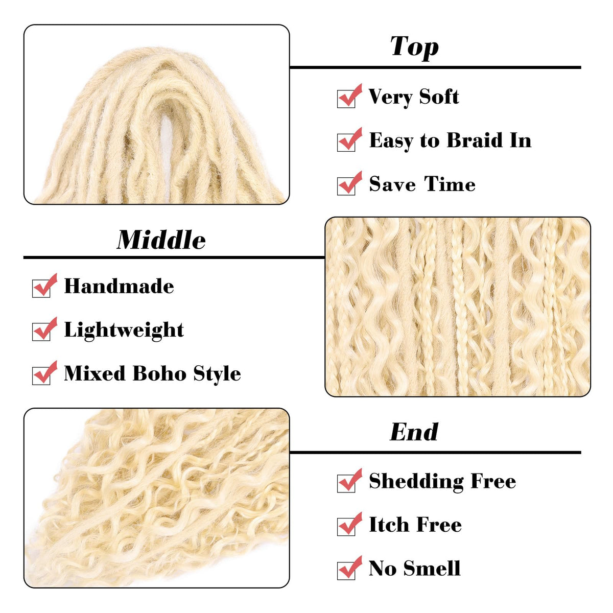 Leeven Synthetic Dreadlock Extensions Double Ended 24 Inch 30 Strands Boho Dreads 613 Blonde 3 Style Mixed Wavy Curly DE Dreads Braid in Full Set Dread for Women Girl