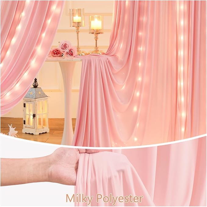 10 x 10ft Dusty Pink Backdrop Curtains with Lights String for Girls Party Photo Backdrop Drapes Wrinkle Free Polyester Curtains Backdrop for Birthday Wedding Reception Baby Shower Ceremony-5 x 10ft 2P