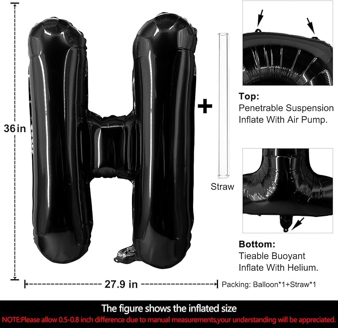 Lovoir 40 Inch Large Black Letter H Balloons Big Size Jumbo Mylar Foil Helium Balloon for Birthday Party Celebration Decorations Alphabet Black H