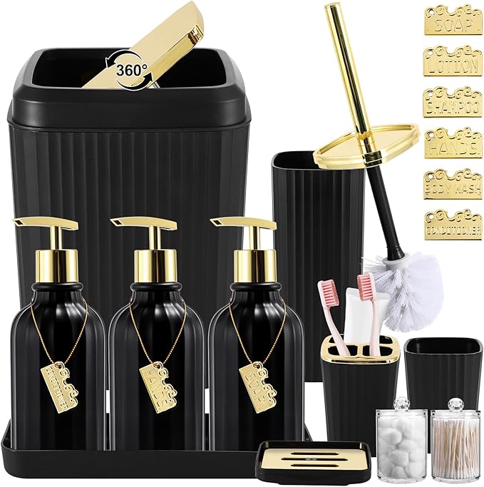 17PCS Bathroom Accessories Bathroom Set Black Bathroom Accessories,Toilet Brush, Trash Can, Qtip Holder Dispenser& 3PCS Soap Dispenser