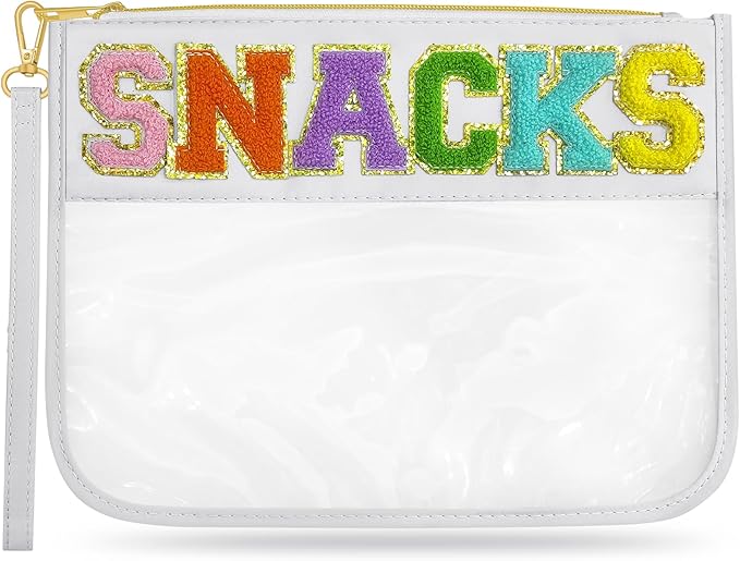 Chenille Letter Clear Travel Zipper Pouch Nylon Makeup Bag, Preppy Makeup Bag Clear Cosmetic Toiletry Bag, Water-proof Makeup Travel Pouch Snack Bags for Women (White-Snacks)