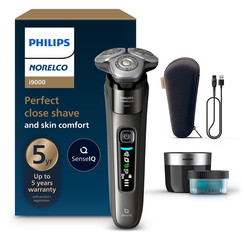 Philips Norelco Shaver i9000, Wet & Dry Electric Shaver, Dark Slate, SenseIQ Technology, Triple Lift & Cut System, 360 Rotating Dual SteelPrecision Precision Blades, Quick Clean Pod, X9002/82
