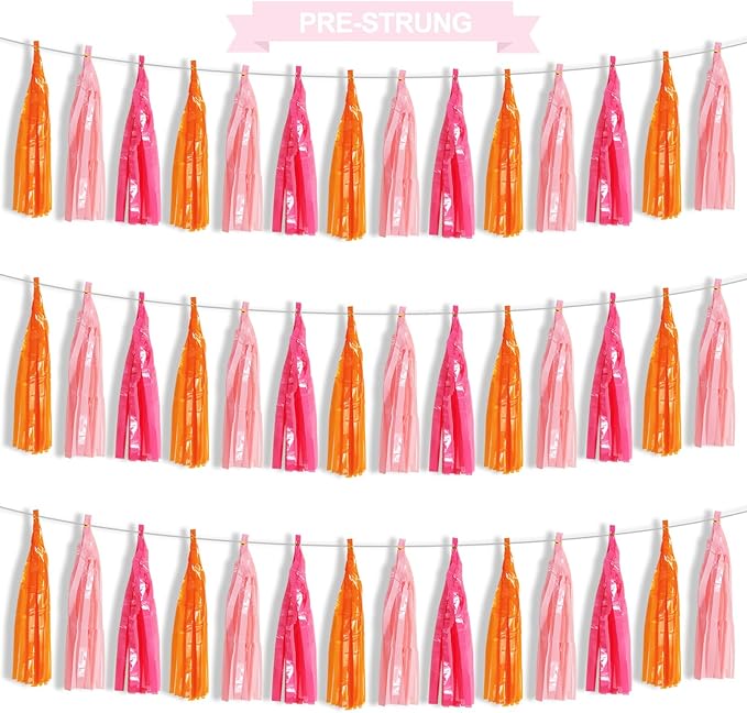 BEISHIDA 3 Packs Pink Orange Metallic Foil Fringe Tassel Garland, Tassels Banner Streamers for Car Floats Easter Baby Shower Birthday Party Decoration Wedding Garden Children's Holiday Party Supplies
