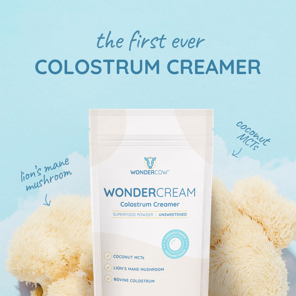 WONDERCOW Bovine Colostrum Superfood Creamer Supplement Powder w/Organic Lions Mane Mushroom & Coconut Milk Powder MCTs | Functional Sugar Free Keto Coffee, Smoothie & Drink Mix Unsweetened