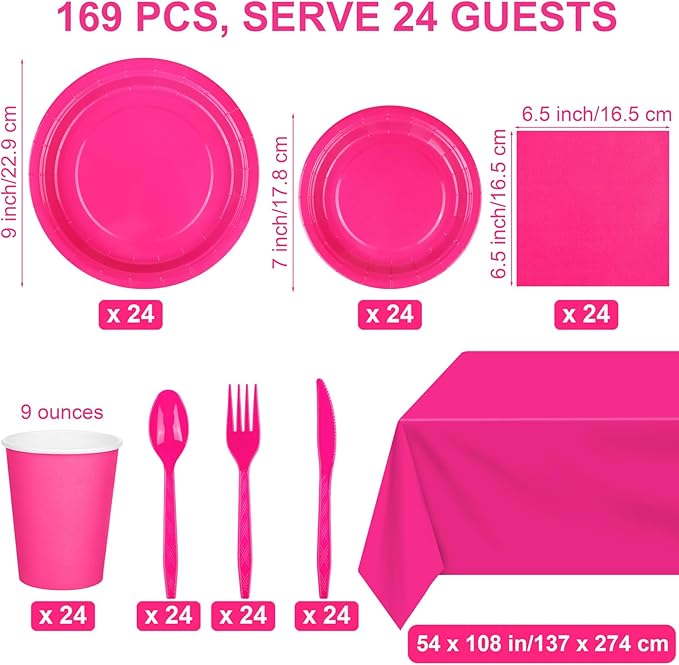 Kochorie 169 Pieces Hot Pink Party Supplies Disposable Dinnerware Set Include Plates and Cups Napkins Plastic Forks Knives Spoons Tablecloth for Wedding Birthday Party Decorations, Serve 24 Guests