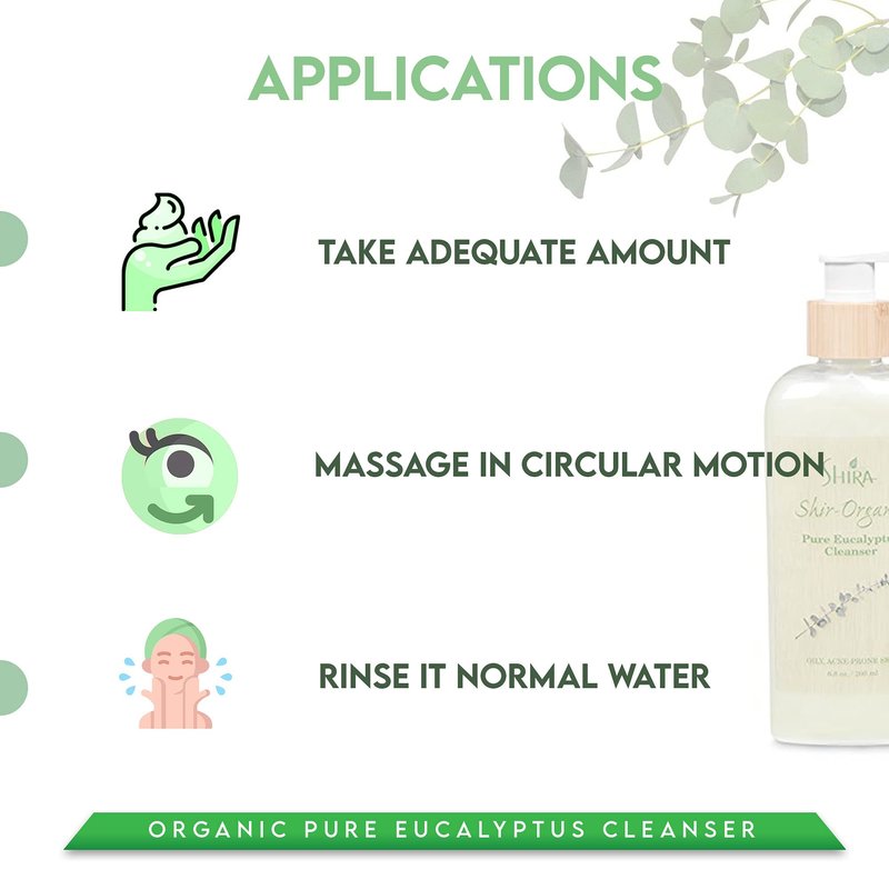 Shira Shir Organic Eucalyptus Cleanser Hydrating Facial Cleanser for Normal to Oily Skin. Antibacterial Acne Cleanser with Eucalyptus (200 ml)