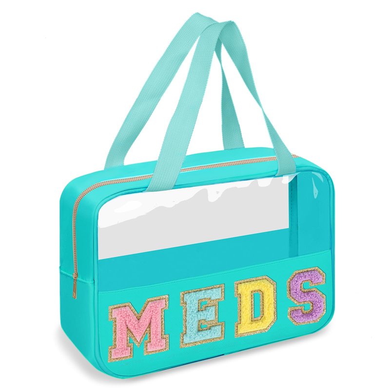 Chenille Letter Clear Makeup Bag MEDS Tote, Large Preppy Medicine Bag Travel Drugs Pills Bag Zipper Pouch with Handle,Waterproof Nylon Portable Cute Cosmetic Toiletry Storage Bag for Women(MEDS-Green)