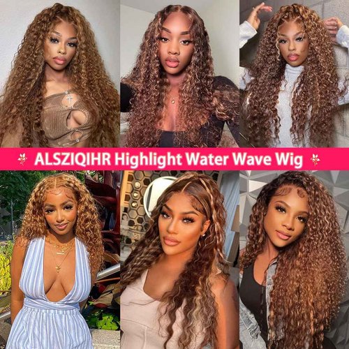 ALSZIQIHR 18 inch Water Wave P4/27 Highlight 13x4 HD Transparent Lace Front Wigs Ombre Human Hair Wet and Wavy Curly Glueless Lace Frontal Wigs Pre Plucked with Baby Hair 180% Density