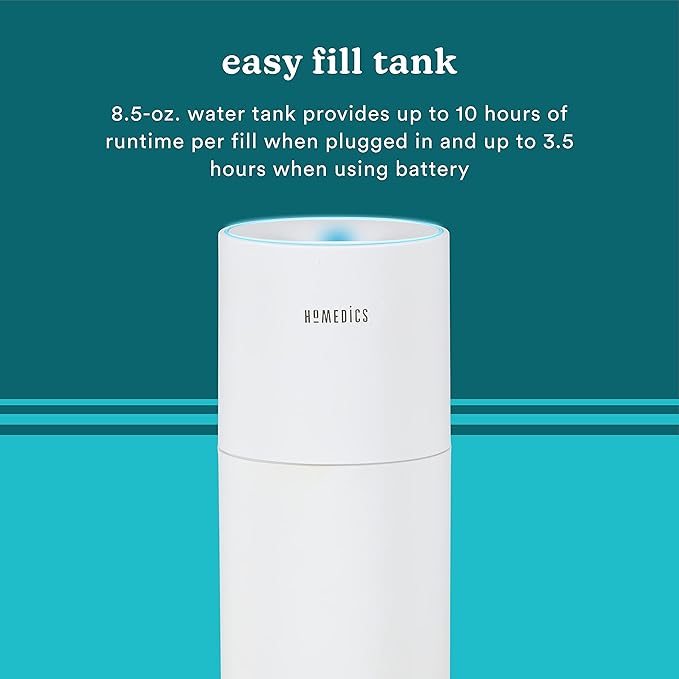 Homedics Portable Humidifier - Small Air Humidifiers for Bedroom, Plants, Office, Travel - Cool Mist Humidifiers, Color-Changing Accent Light, 2 Mist Settings, White