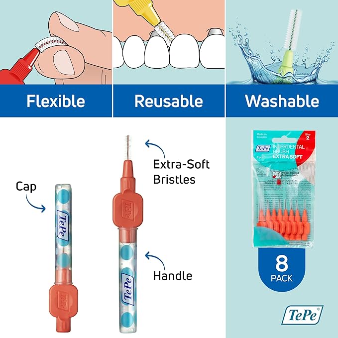 TePe Interdental Brush Extra Soft, Supersoft Dental Brush for Teeth Cleaning, Pack of 8, 0.5 mm, Extra-Small/Small Gaps, Red, Size 2