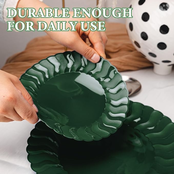 Lullaby 60PCS Green Scalloped Plastic Plates, Disposable Elegant Party Plates Include 30pcs Dinner Plate 10.25", 30pcs Plastic Dessert Plate 7.5", Perfect for Wedding and Party