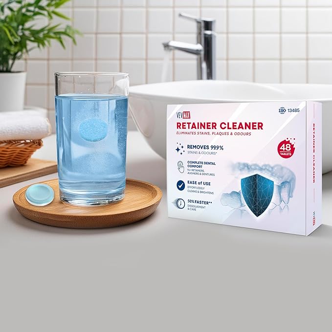 Retainer Cleaner Tablets - 48 Tablets (1.5 Months Supply) - Denture Cleaning, Removes Stains & Odours, Freshens Aligners, Mouthguards, Nightguards - Perfect for Ultrasonic Retainer Cleaner