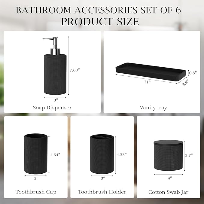 6-Piece Black Bathroom Set - Mesh Textured Resin Bathroom Accessories Set with Soap Dispenser, Toothbrush Holder, Cup, Vanity Tray & Apothecary Jars for Small Spaces
