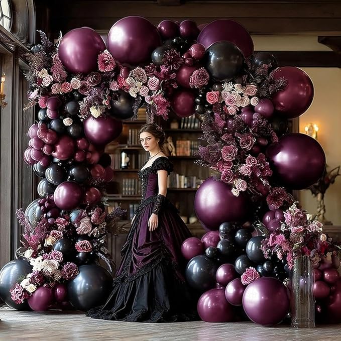 Dark Purple Black Balloons Garland Double Stuffed Black Burgundy Plum Balloon Arch Kit for Gothic Birthday Bridal Shower Mother's Day Graduation Party Decorations