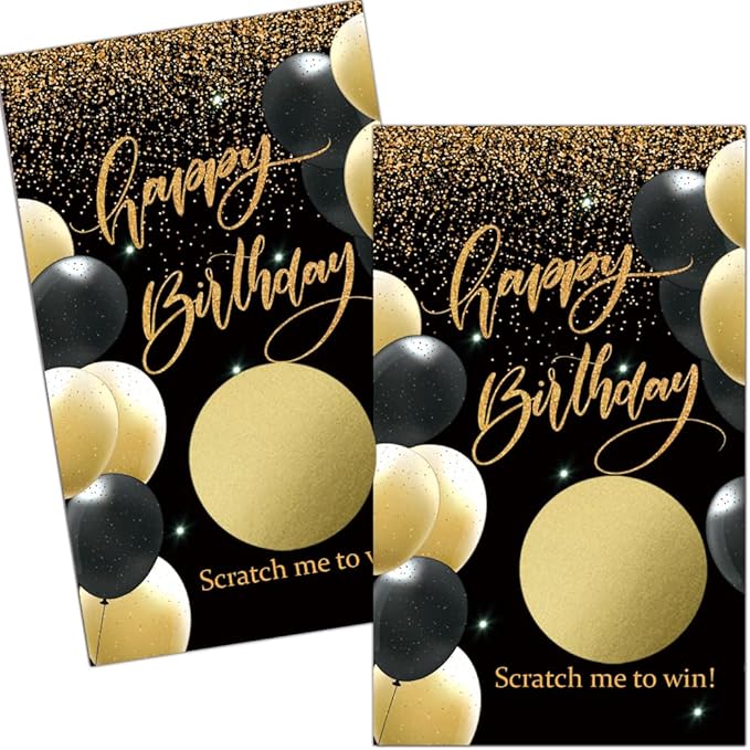 Haizct 50 Pack Happy Birthday Theme Scratch Off Card, Black Gold Balloon Scratch Card for 18th 40th 50th Birthday Tickets, Happy 50th 60th Party Supplies, Raffle Ticket Lottery Game for Group Activity