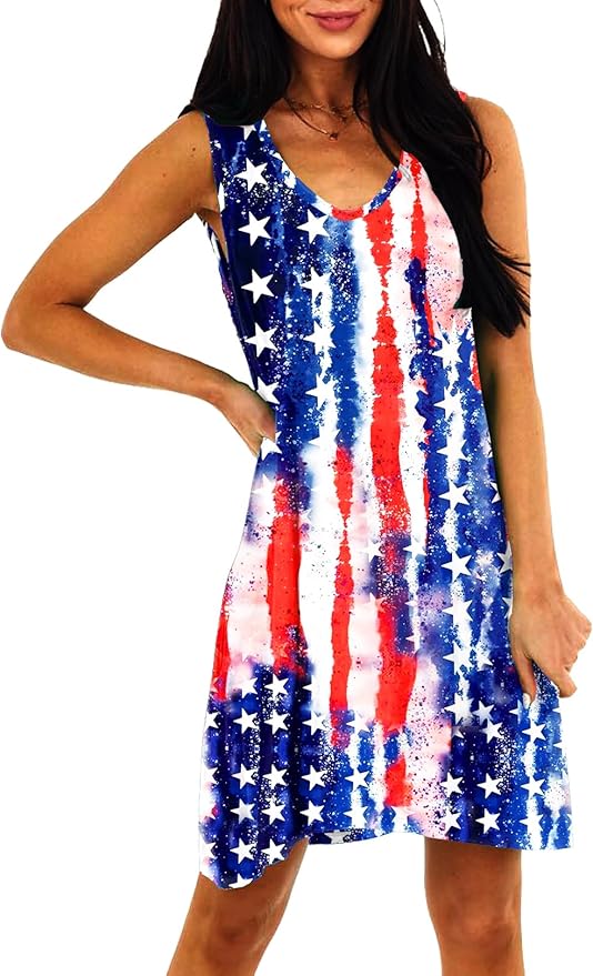 Deerose Women 4th of July Sleeeveless Dress Patriotic V Neck Tank Dresses with Pockets
